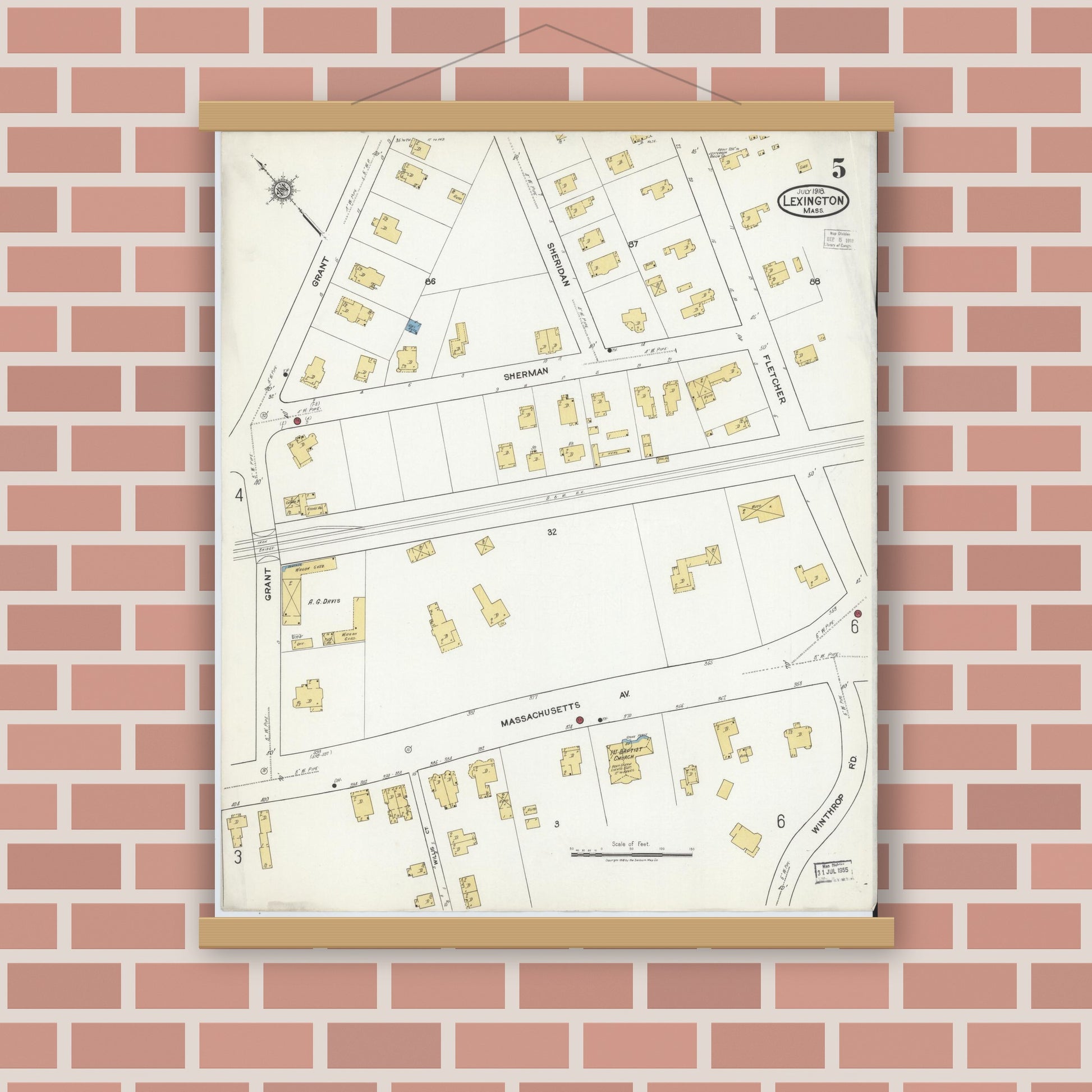 Old map wall art mockup — magnetic wood frame on brick wall — Sanborn Fire Insurance Map from Lexington, Middlesex County, Massachusetts (1918), Sheet #0005