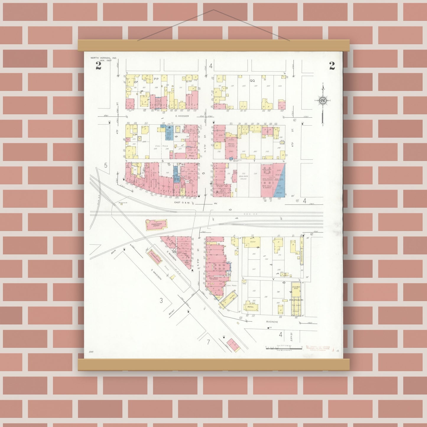 Old map wall art mockup — magnetic wood frame on brick wall — Sanborn Fire Insurance Map from North Vernon, Jennings County, Indiana (1937), Sheet #0002