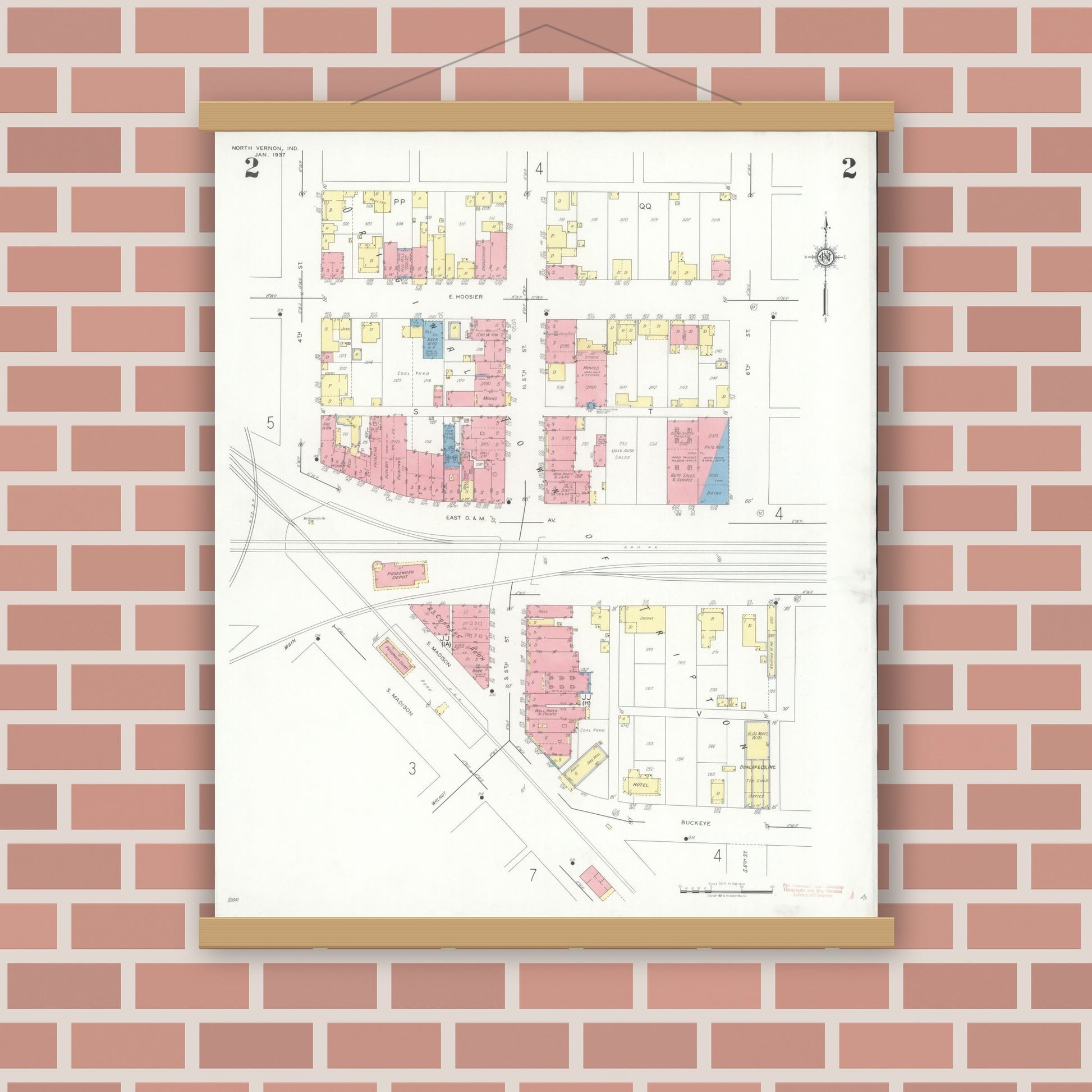 Old map wall art mockup — magnetic wood frame on brick wall — Sanborn Fire Insurance Map from North Vernon, Jennings County, Indiana (1937), Sheet #0002