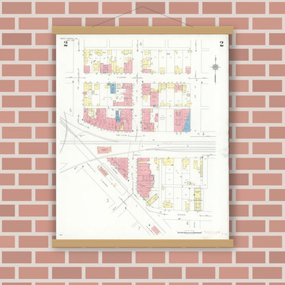 Old map wall art mockup — magnetic wood frame on brick wall — Sanborn Fire Insurance Map from North Vernon, Jennings County, Indiana (1937), Sheet #0002