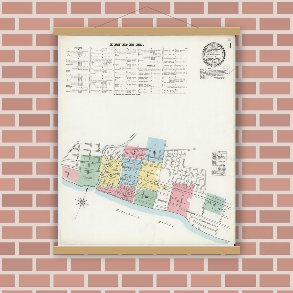 Old map wall art mockup — magnetic wood frame on brick wall — Sanborn Fire Insurance Map from Tarentum, Allegheny County, Pennsylvania (1897), Sheet #0001