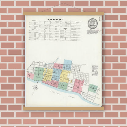 Old map wall art mockup — magnetic wood frame on brick wall — Sanborn Fire Insurance Map from Tarentum, Allegheny County, Pennsylvania (1897), Sheet #0001