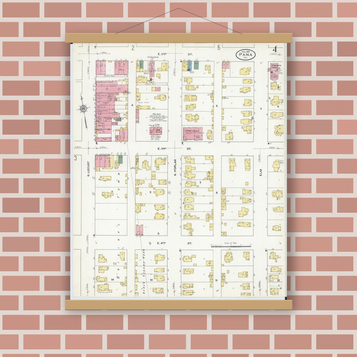 Old map wall art mockup — magnetic wood frame on brick wall — Sanborn Fire Insurance Map from Pana, Christian County, Illinois (1909), Sheet #0004