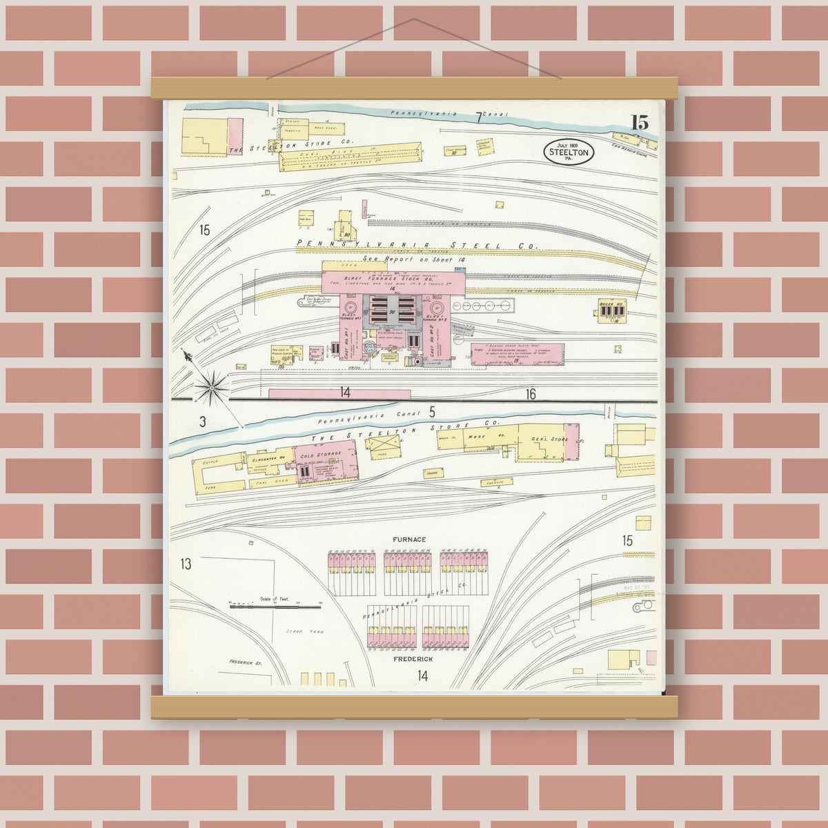 Old map wall art mockup — magnetic wood frame on brick wall — Sanborn Fire Insurance Map from Steelton, Dauphin County, Pennsylvania (1909), Sheet #0015
