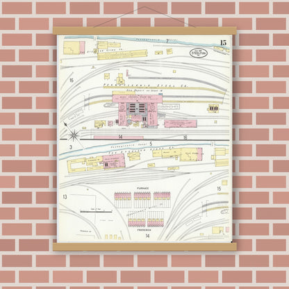 Old map wall art mockup — magnetic wood frame on brick wall — Sanborn Fire Insurance Map from Steelton, Dauphin County, Pennsylvania (1909), Sheet #0015
