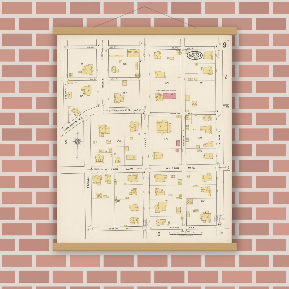 Old map wall art mockup — magnetic wood frame on brick wall — Sanborn Fire Insurance Map from Monroe, Union County, North Carolina (1922), Sheet #0009