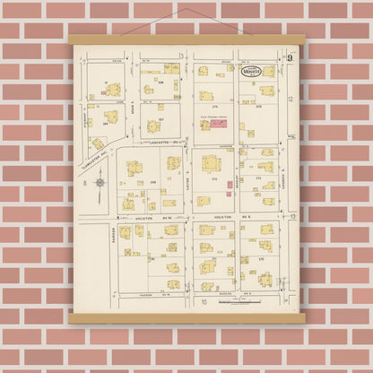 Old map wall art mockup — magnetic wood frame on brick wall — Sanborn Fire Insurance Map from Monroe, Union County, North Carolina (1922), Sheet #0009