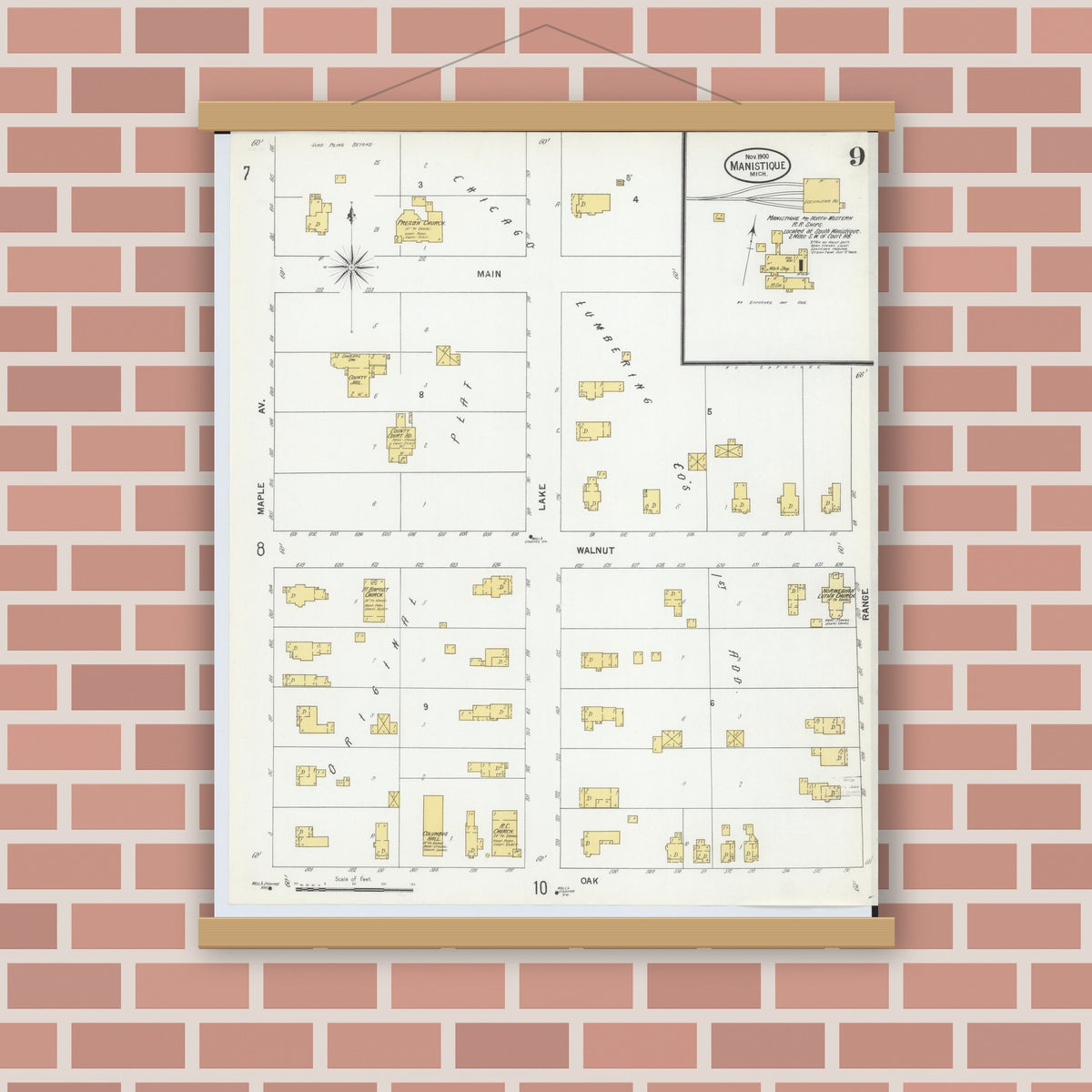 Old map wall art mockup — magnetic wood frame on brick wall — Sanborn Fire Insurance Map from Manistique, Schoolcraft County, Michigan (1900), Sheet #0009