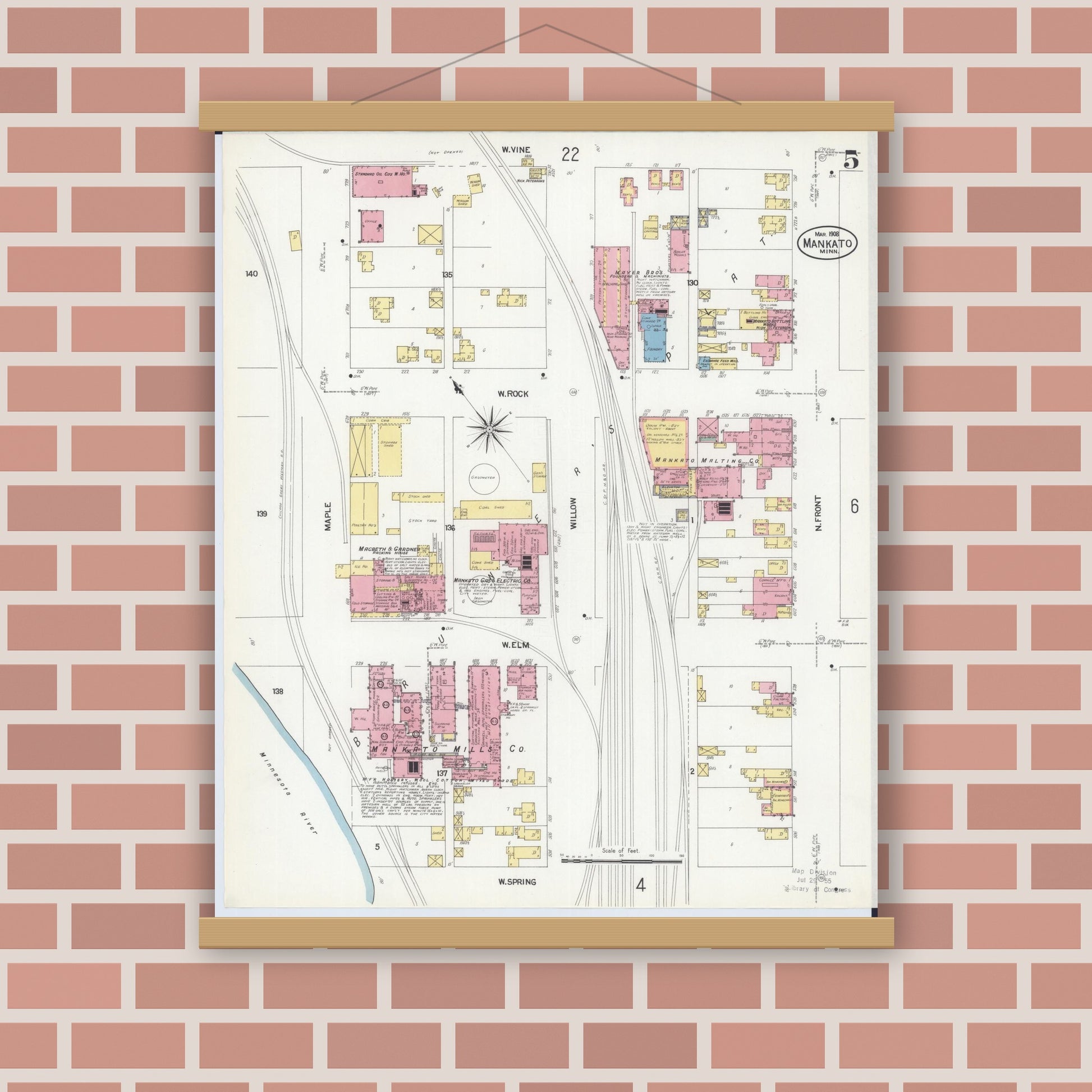 Old map wall art mockup — magnetic wood frame on brick wall — Sanborn Fire Insurance Map from Mankato, Blue Earth County, Minnesota (1908), Sheet #0005