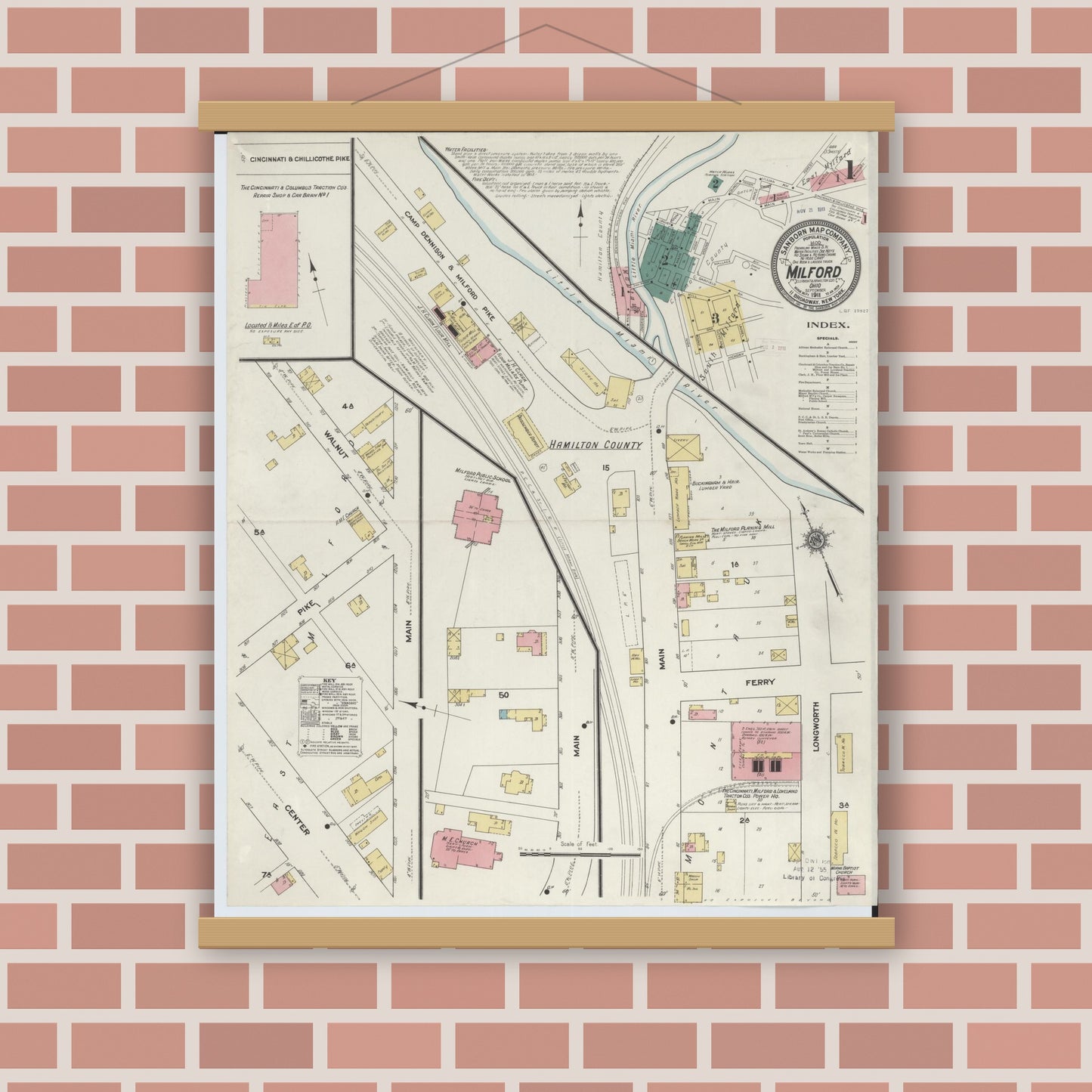 Old map wall art mockup — magnetic wood frame on brick wall — Sanborn Fire Insurance Map from Milford, Clermont And Hamilton County, Ohio (1911) - Complete Map Set