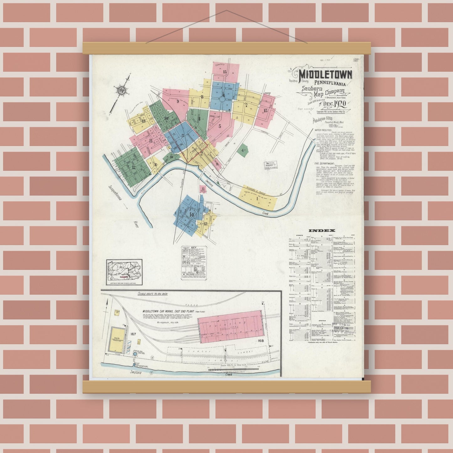 Old map wall art mockup — magnetic wood frame on brick wall — Sanborn Fire Insurance Map from Middletown, Dauphin County, Pennsylvania (1920), Sheet #0001