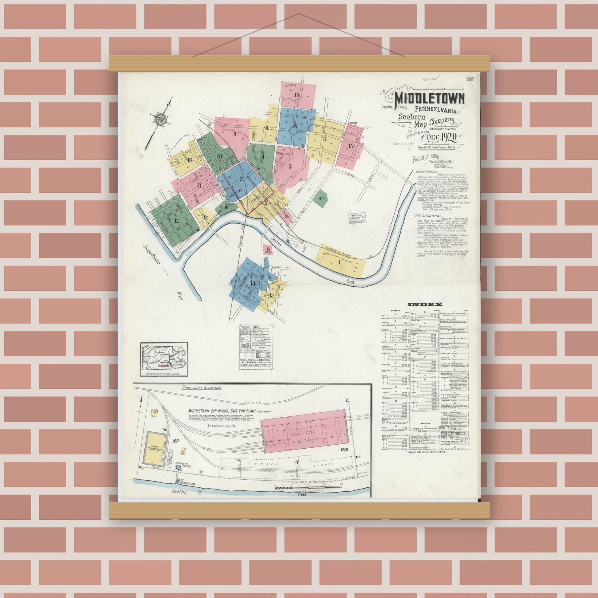 Old map wall art mockup — magnetic wood frame on brick wall — Sanborn Fire Insurance Map from Middletown, Dauphin County, Pennsylvania (1920), Sheet #0001
