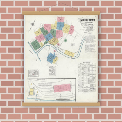 Old map wall art mockup — magnetic wood frame on brick wall — Sanborn Fire Insurance Map from Middletown, Dauphin County, Pennsylvania (1920), Sheet #0001