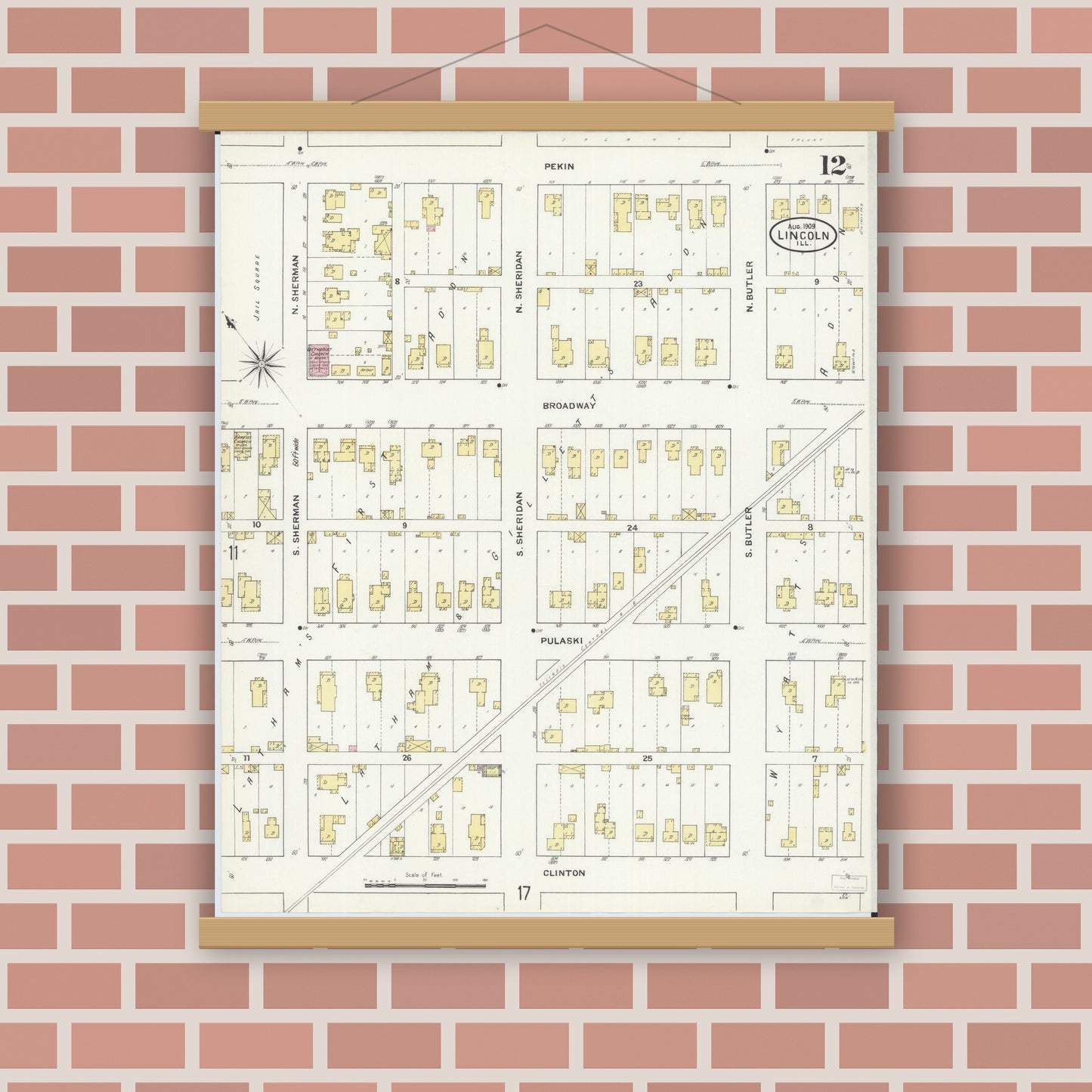 Old map wall art mockup — magnetic wood frame on brick wall — Sanborn Fire Insurance Map from Lincoln, Logan County, Illinois (1909), Sheet #0012