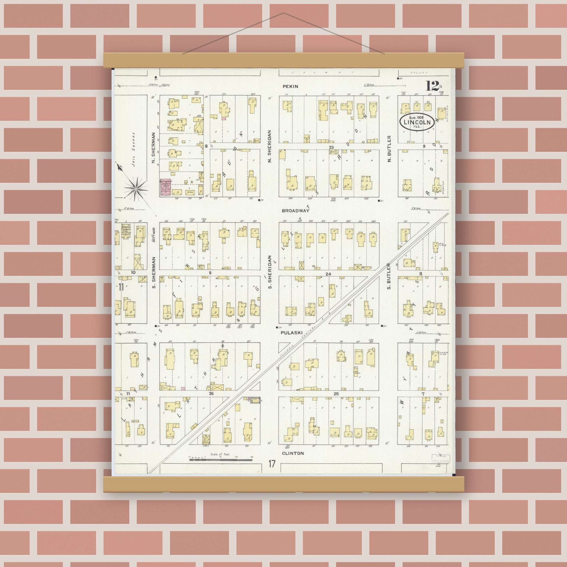 Old map wall art mockup — magnetic wood frame on brick wall — Sanborn Fire Insurance Map from Lincoln, Logan County, Illinois (1909), Sheet #0012
