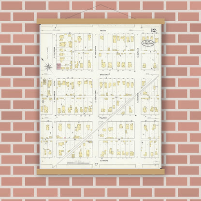 Old map wall art mockup — magnetic wood frame on brick wall — Sanborn Fire Insurance Map from Lincoln, Logan County, Illinois (1909), Sheet #0012