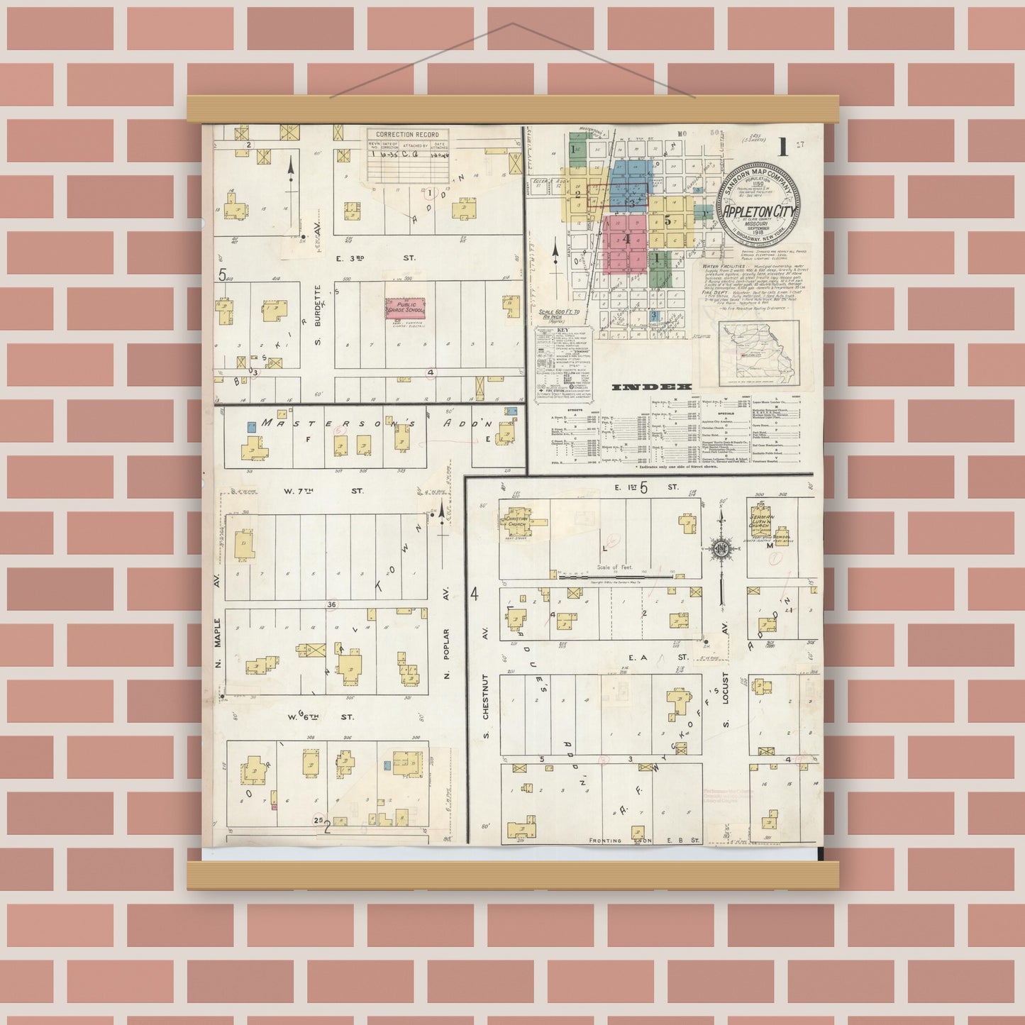 Old map wall art mockup — magnetic wood frame on brick wall — Sanborn Fire Insurance Map from Appleton City, Saint Clair County, Missouri (1935) - Complete Map Set