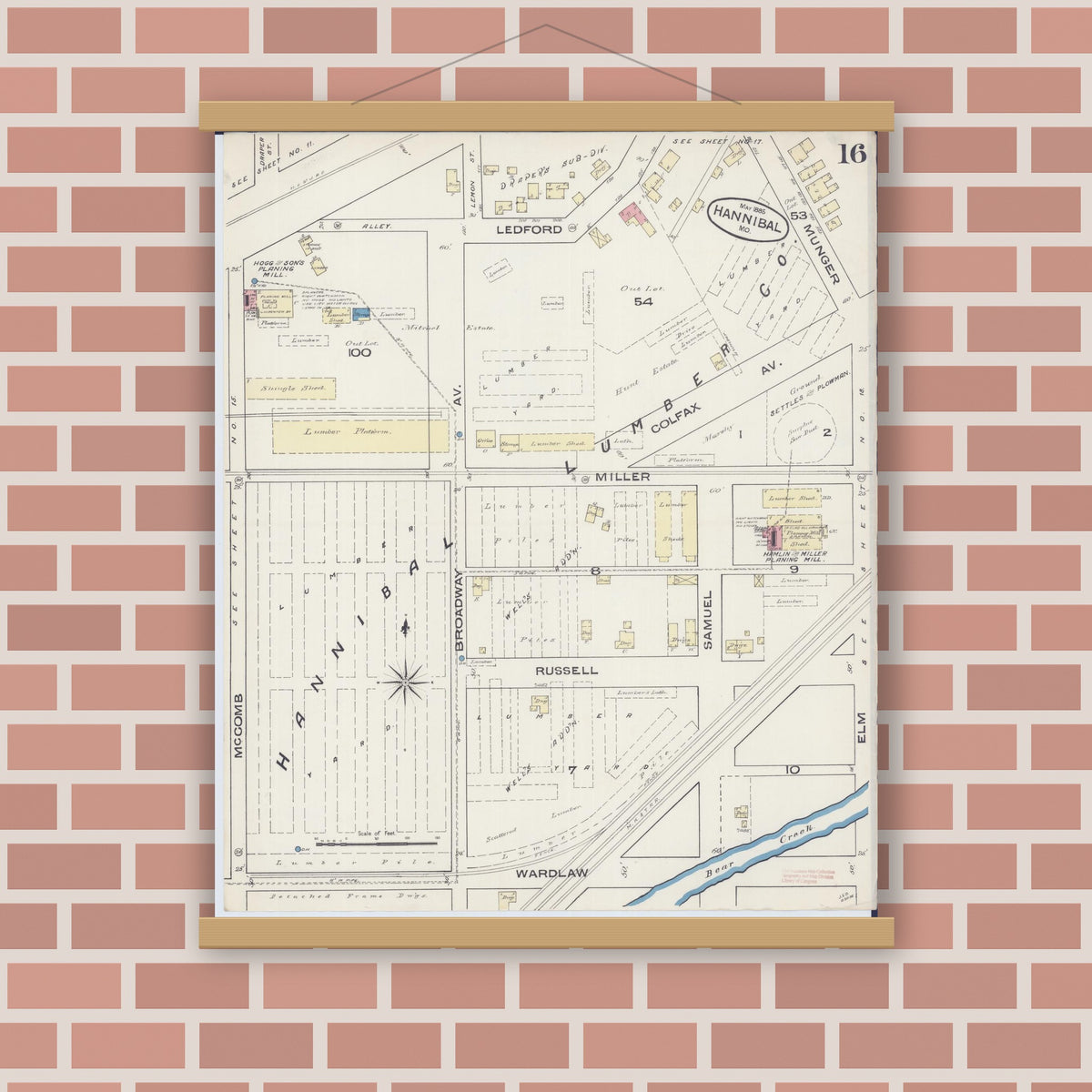 Old map wall art mockup — magnetic wood frame on brick wall — Sanborn Fire Insurance Map from Hannibal, Marion County, Missouri (1885), Sheet #0016