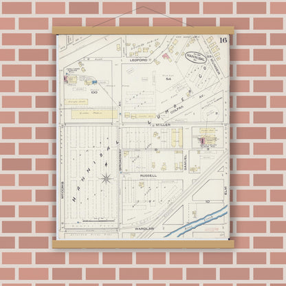 Old map wall art mockup — magnetic wood frame on brick wall — Sanborn Fire Insurance Map from Hannibal, Marion County, Missouri (1885), Sheet #0016