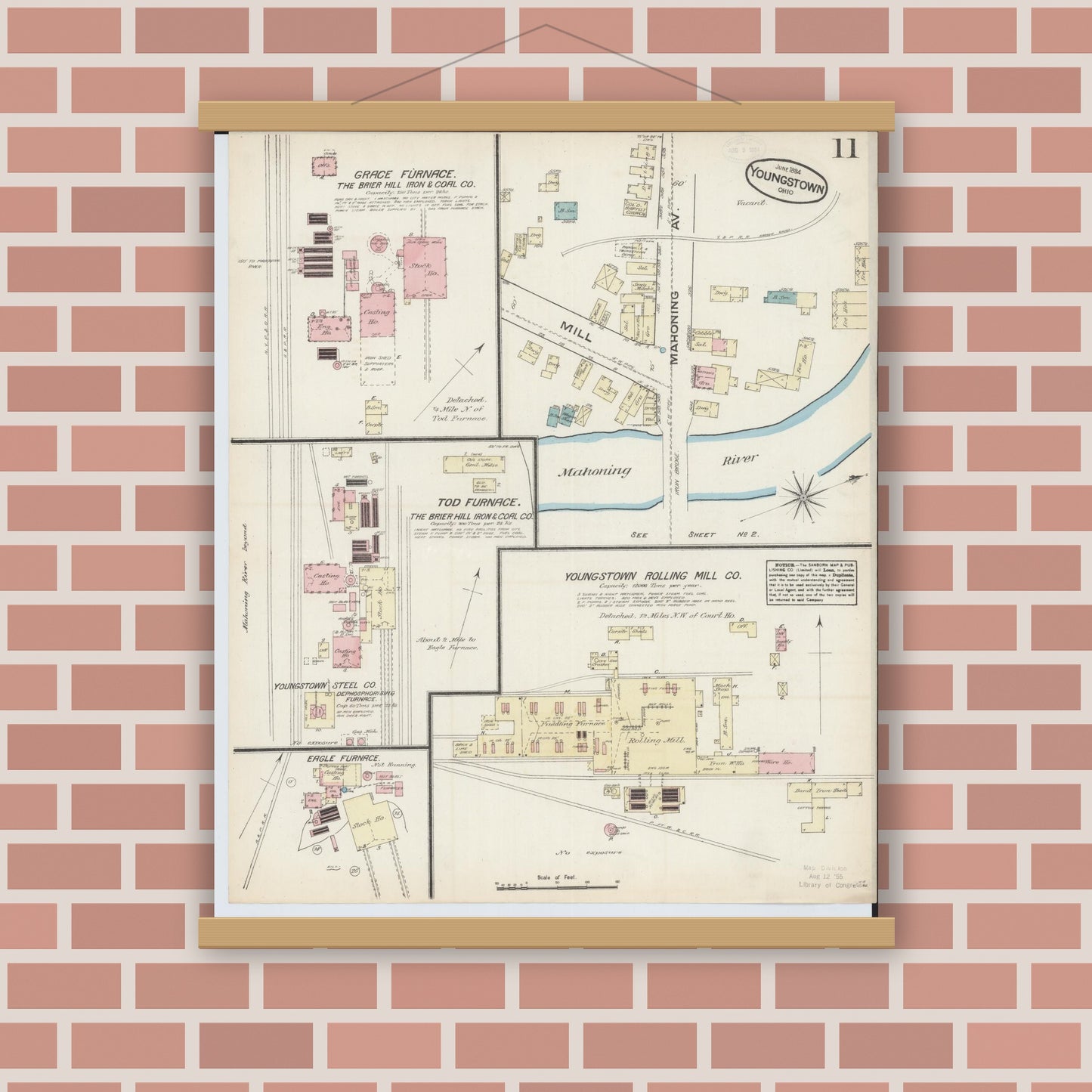 Old map wall art mockup — magnetic wood frame on brick wall — Sanborn Fire Insurance Map from Youngstown, Mahoning County, Ohio (1884), Sheet #0011