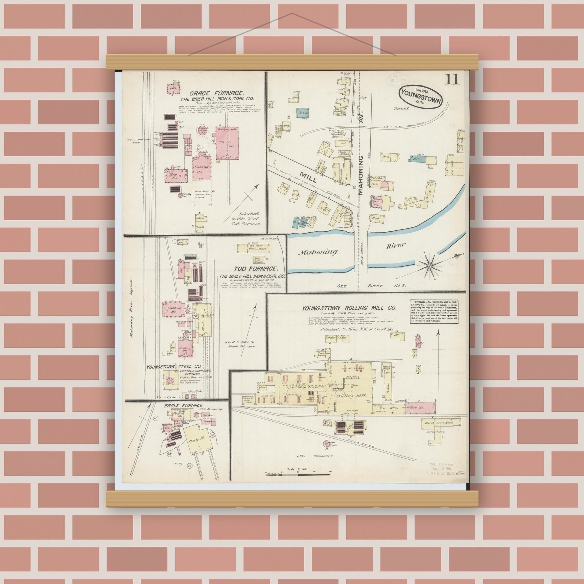 Old map wall art mockup — magnetic wood frame on brick wall — Sanborn Fire Insurance Map from Youngstown, Mahoning County, Ohio (1884), Sheet #0011