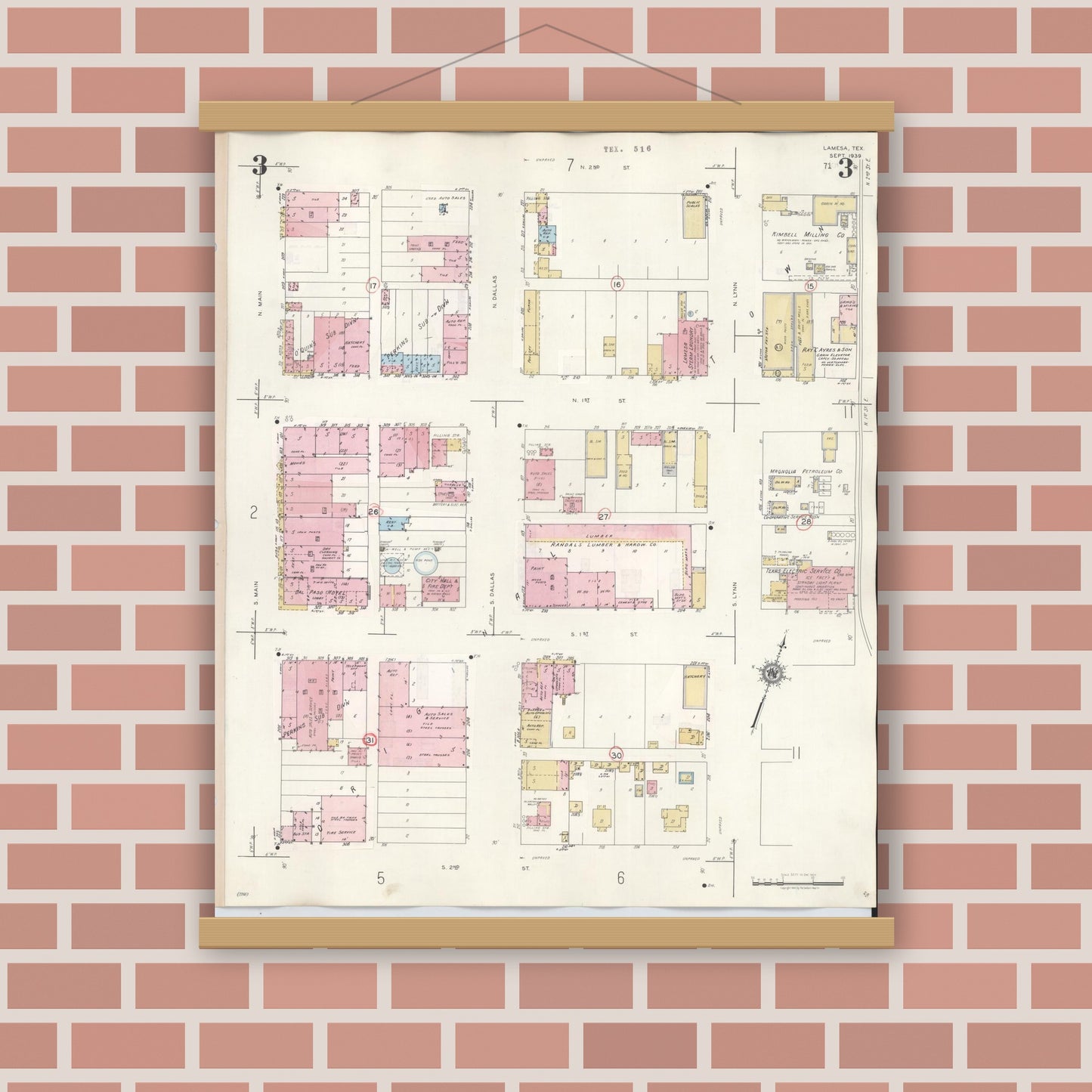 Old map wall art mockup — magnetic wood frame on brick wall — Sanborn Fire Insurance Map from Lamesa, Dawson County, Texas (1948), Sheet #0003