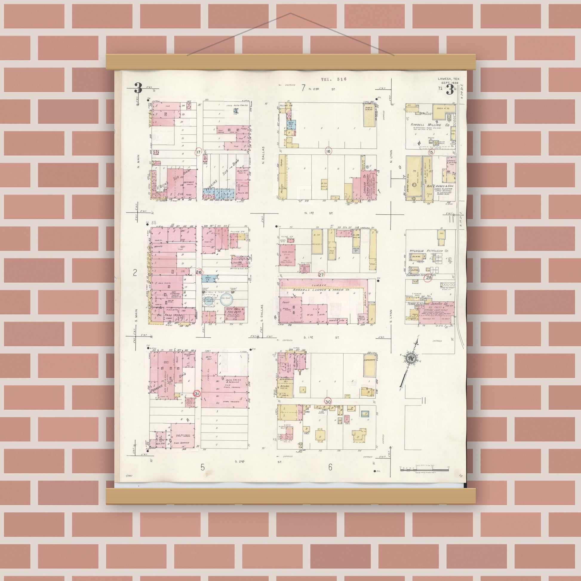 Old map wall art mockup — magnetic wood frame on brick wall — Sanborn Fire Insurance Map from Lamesa, Dawson County, Texas (1948), Sheet #0003