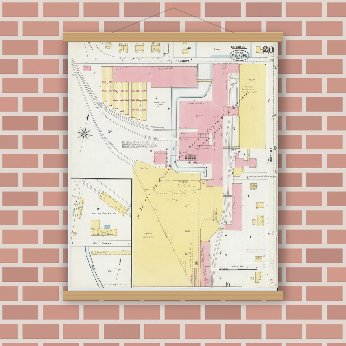Old map wall art mockup — magnetic wood frame on brick wall — Sanborn Fire Insurance Map from Milford, Worcester County, Massachusetts (1903), Sheet #0020