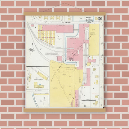 Old map wall art mockup — magnetic wood frame on brick wall — Sanborn Fire Insurance Map from Milford, Worcester County, Massachusetts (1903), Sheet #0020