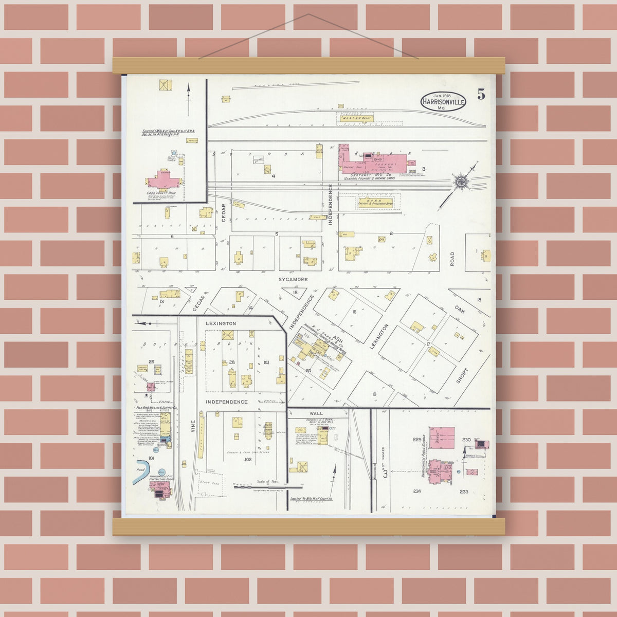 Old map wall art mockup — magnetic wood frame on brick wall — Sanborn Fire Insurance Map from Harrisonville, Cass County, Missouri (1918), Sheet #0005