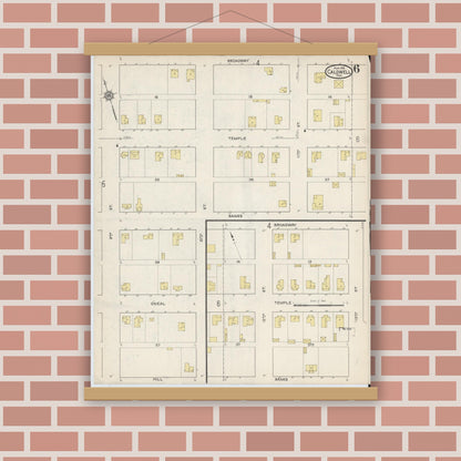 Old map wall art mockup — magnetic wood frame on brick wall — Sanborn Fire Insurance Map from Caldwell, Burleson County, Texas (1915), Sheet #0006