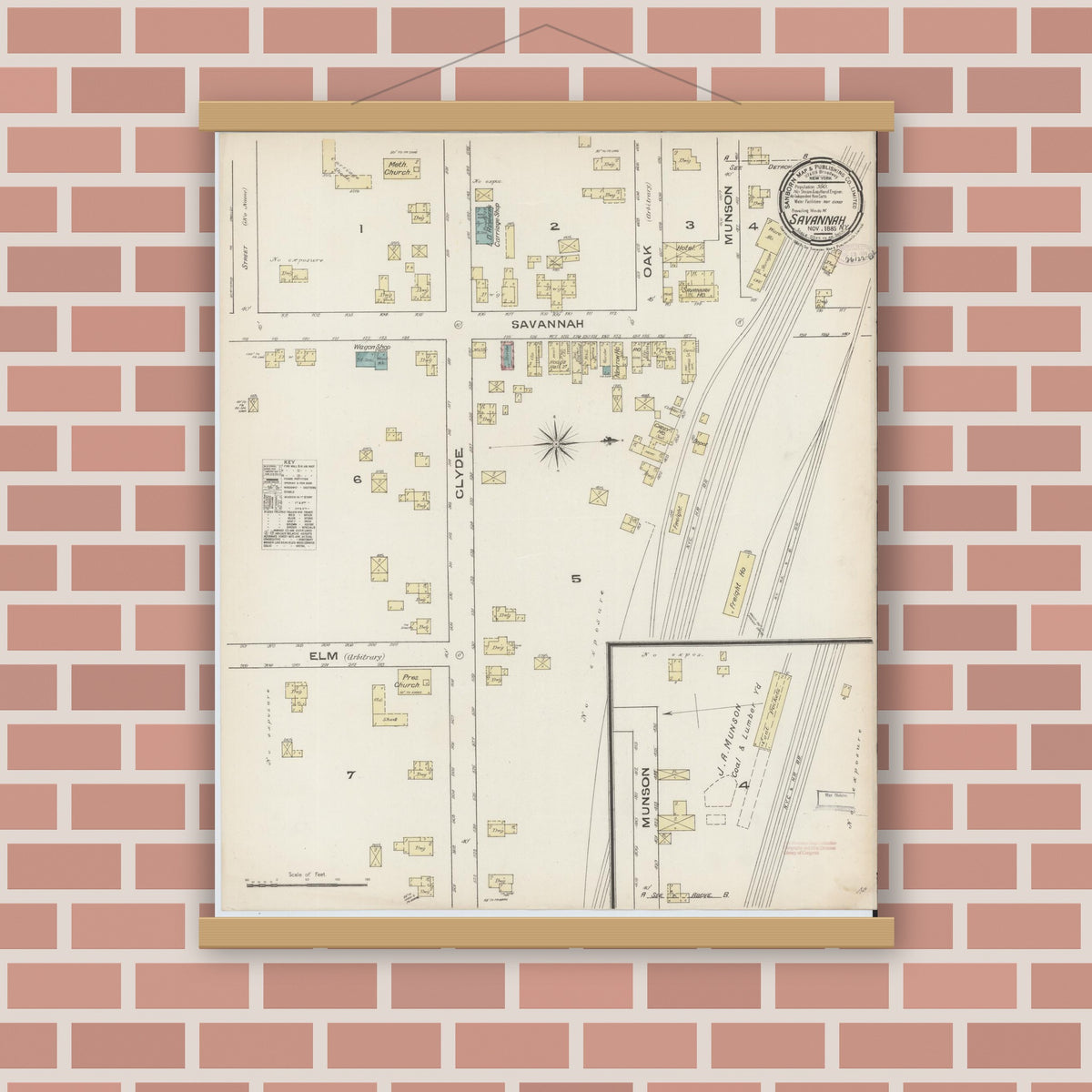 Old map wall art mockup — magnetic wood frame on brick wall — Sanborn Fire Insurance Map from Savannah, Wayne County, New York (1885), Sheet #0001