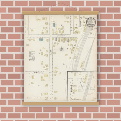 Old map wall art mockup — magnetic wood frame on brick wall — Sanborn Fire Insurance Map from Savannah, Wayne County, New York (1885), Sheet #0001