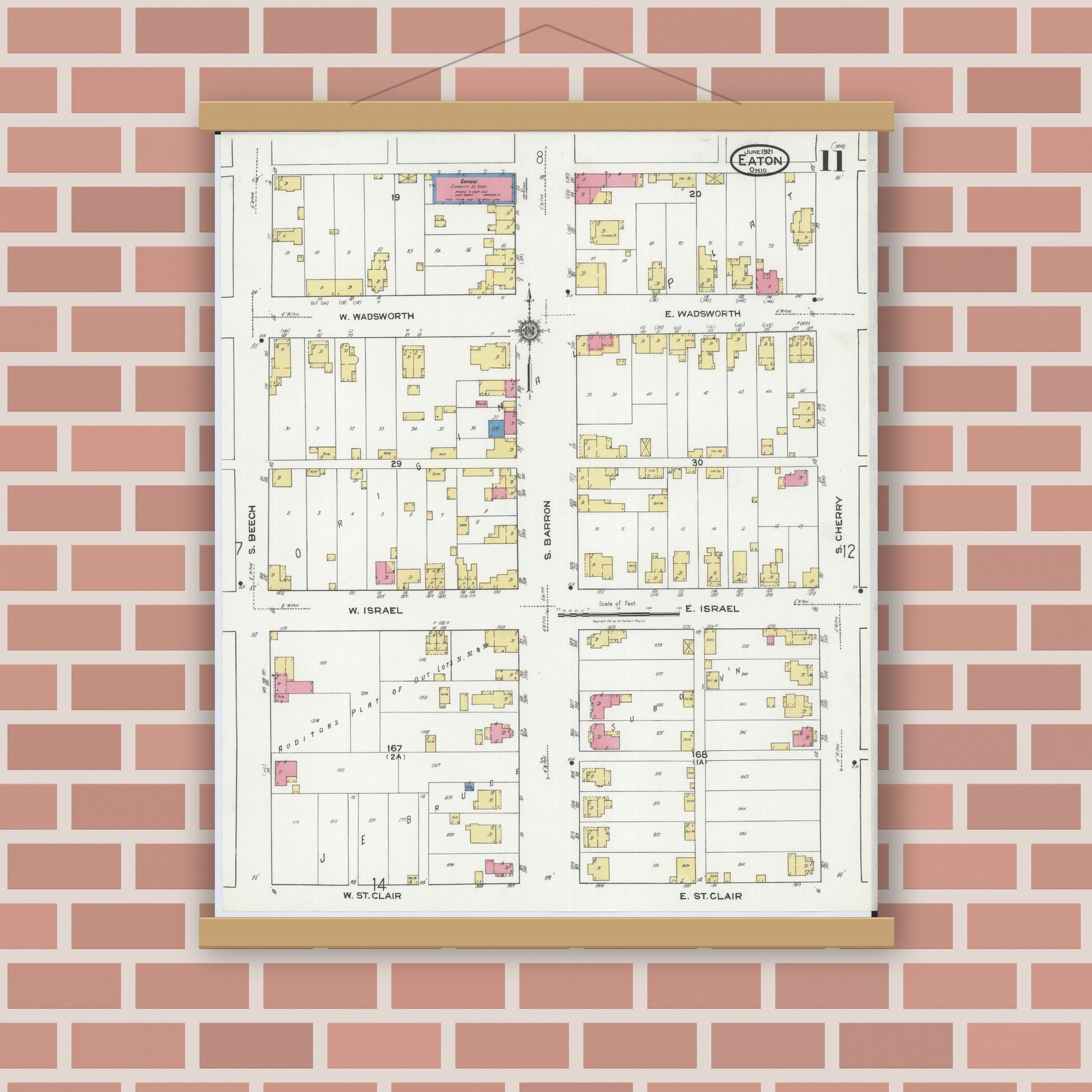 Old map wall art mockup — magnetic wood frame on brick wall — Sanborn Fire Insurance Map from Eaton, Preble County, Ohio (1921), Sheet #0011
