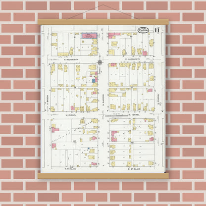 Old map wall art mockup — magnetic wood frame on brick wall — Sanborn Fire Insurance Map from Eaton, Preble County, Ohio (1921), Sheet #0011