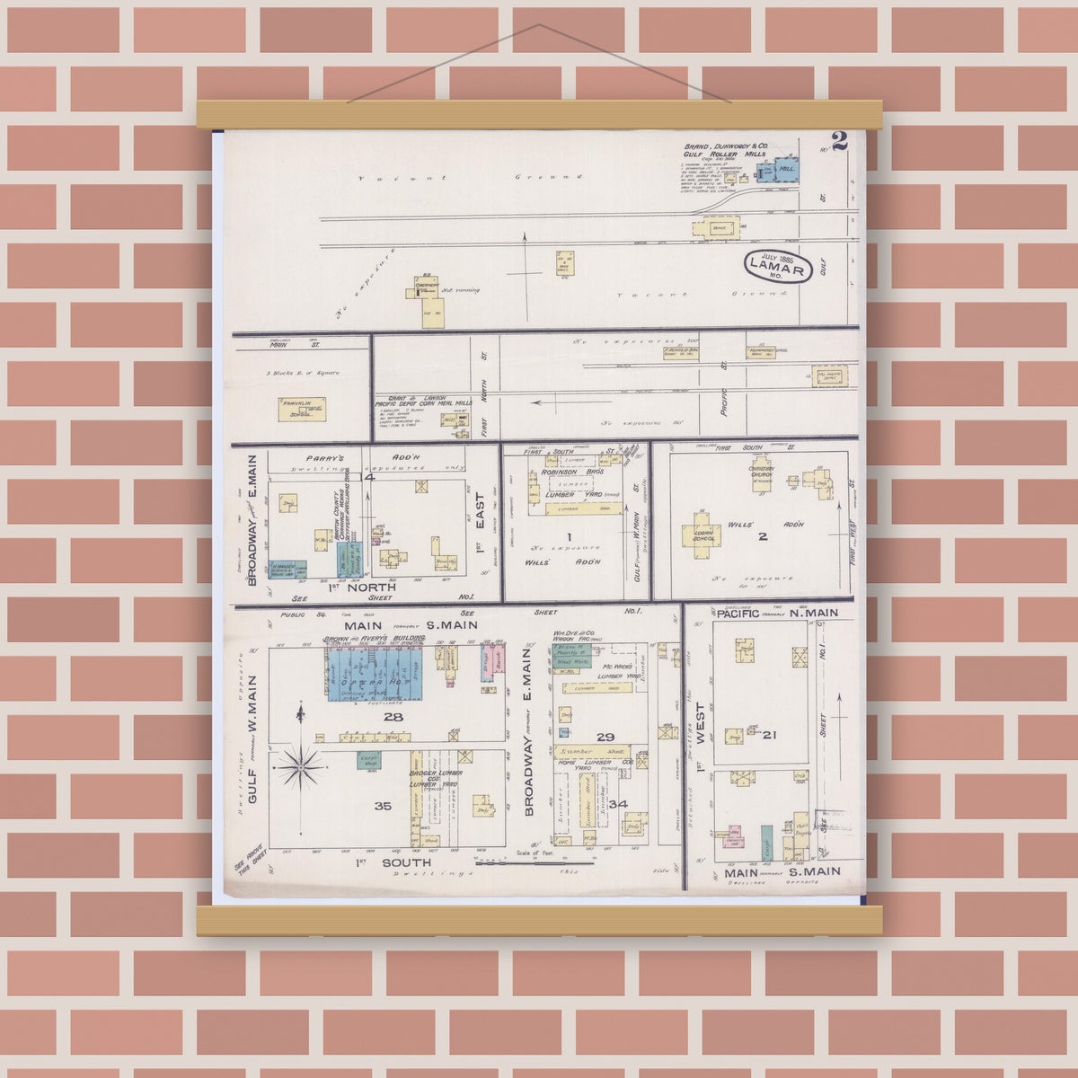 Old map wall art mockup — magnetic wood frame on brick wall — Sanborn Fire Insurance Map from Lamar, Barton County, Missouri (1885), Sheet #0002