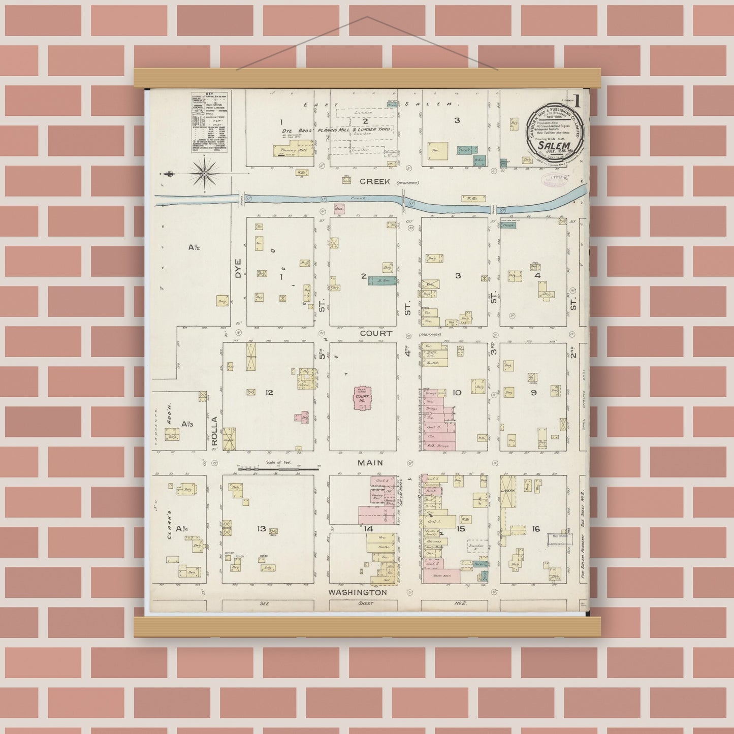 Old map wall art mockup — magnetic wood frame on brick wall — Sanborn Fire Insurance Map from Salem, Dent County, Missouri (1886) - Complete Map Set