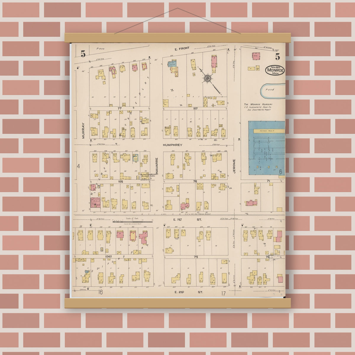Old map wall art mockup — magnetic wood frame on brick wall — Sanborn Fire Insurance Map from Monroe, Monroe County, Michigan (1922), Sheet #0005
