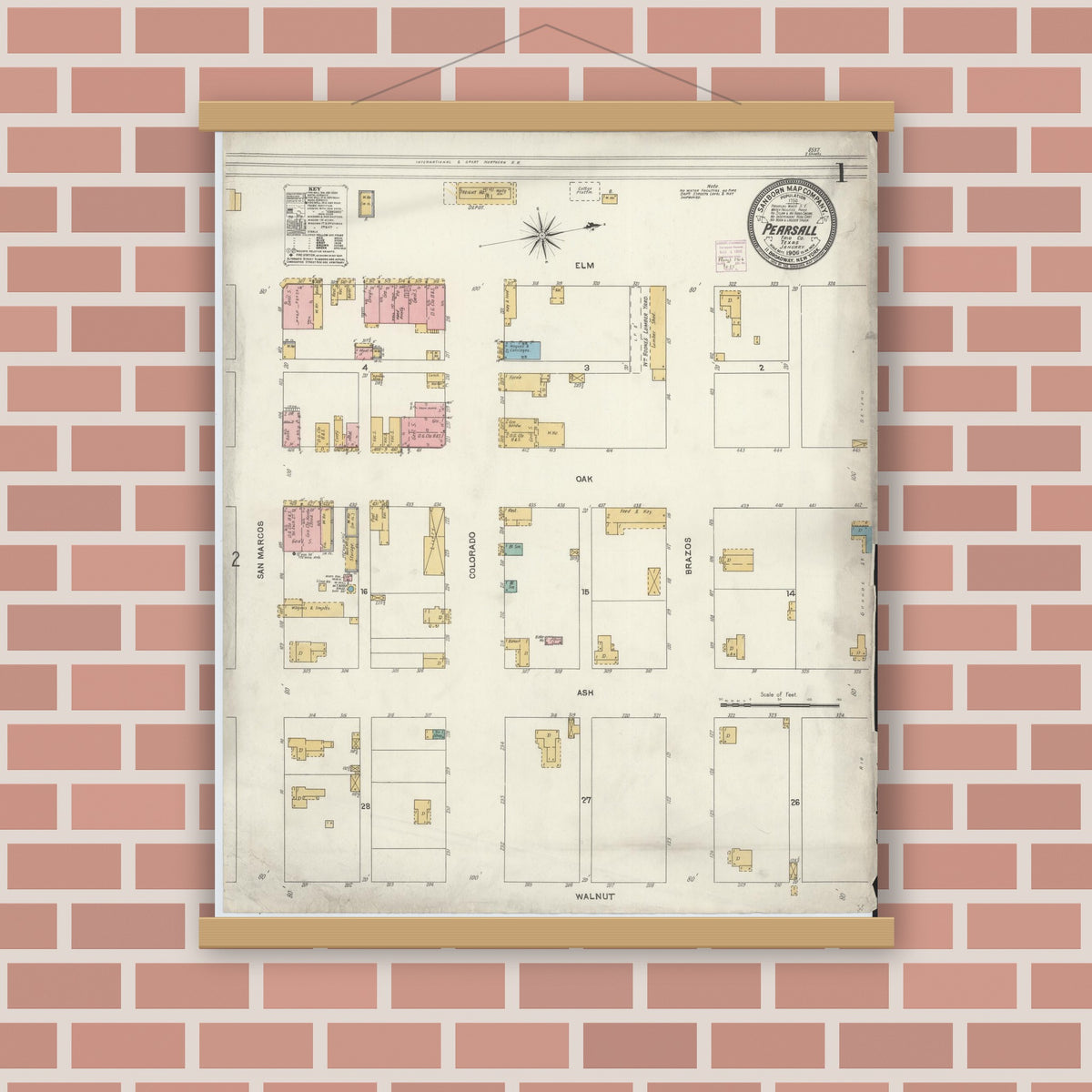 Old map wall art mockup — magnetic wood frame on brick wall — Sanborn Fire Insurance Map from Pearsall, Frio County, Texas (1906) - Complete Map Set