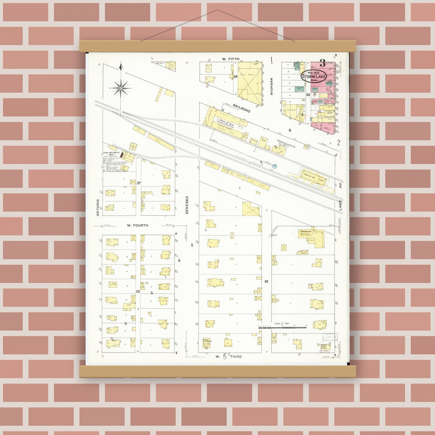 Old map wall art mockup — magnetic wood frame on brick wall — Sanborn Fire Insurance Map from Storm Lake, Buena Vista County, Iowa (1909), Sheet #0003