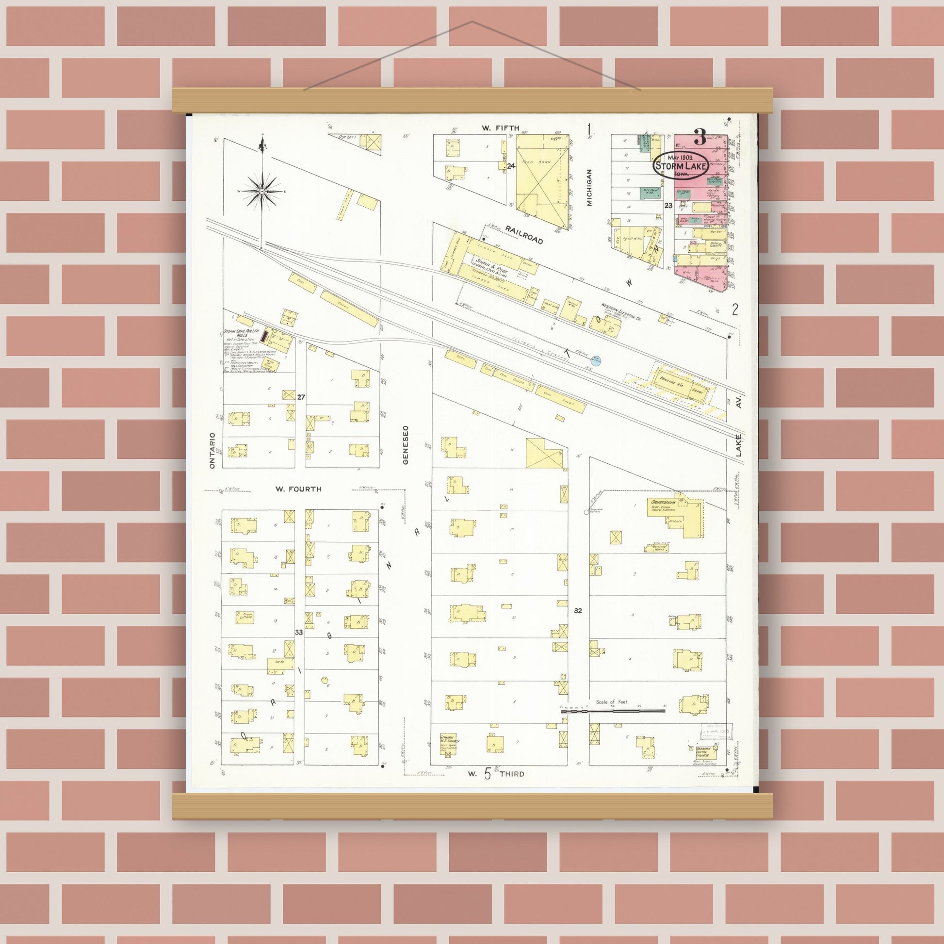 Old map wall art mockup — magnetic wood frame on brick wall — Sanborn Fire Insurance Map from Storm Lake, Buena Vista County, Iowa (1909), Sheet #0003