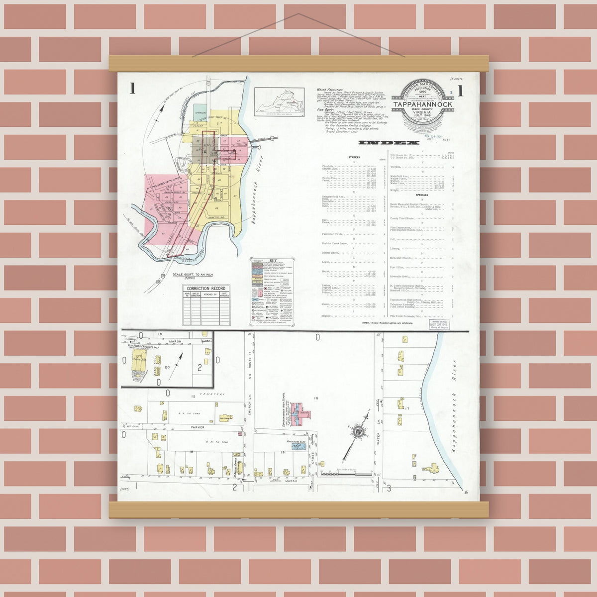 Old map wall art mockup — magnetic wood frame on brick wall — Sanborn Fire Insurance Map from Tappahannock, Essex County, Virginia (1949) - Complete Map Set