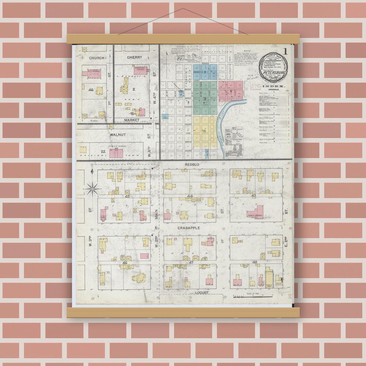 Old map wall art mockup — magnetic wood frame on brick wall — Sanborn Fire Insurance Map from Petersburg, Menard County, Illinois (1892) - Complete Map Set