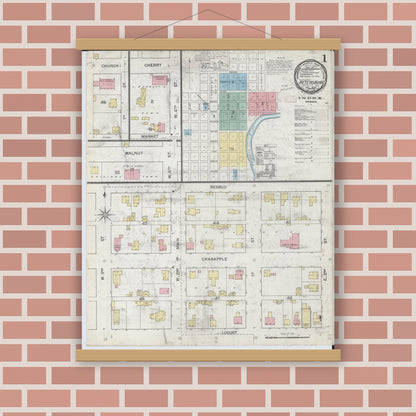 Old map wall art mockup — magnetic wood frame on brick wall — Sanborn Fire Insurance Map from Petersburg, Menard County, Illinois (1892) - Complete Map Set