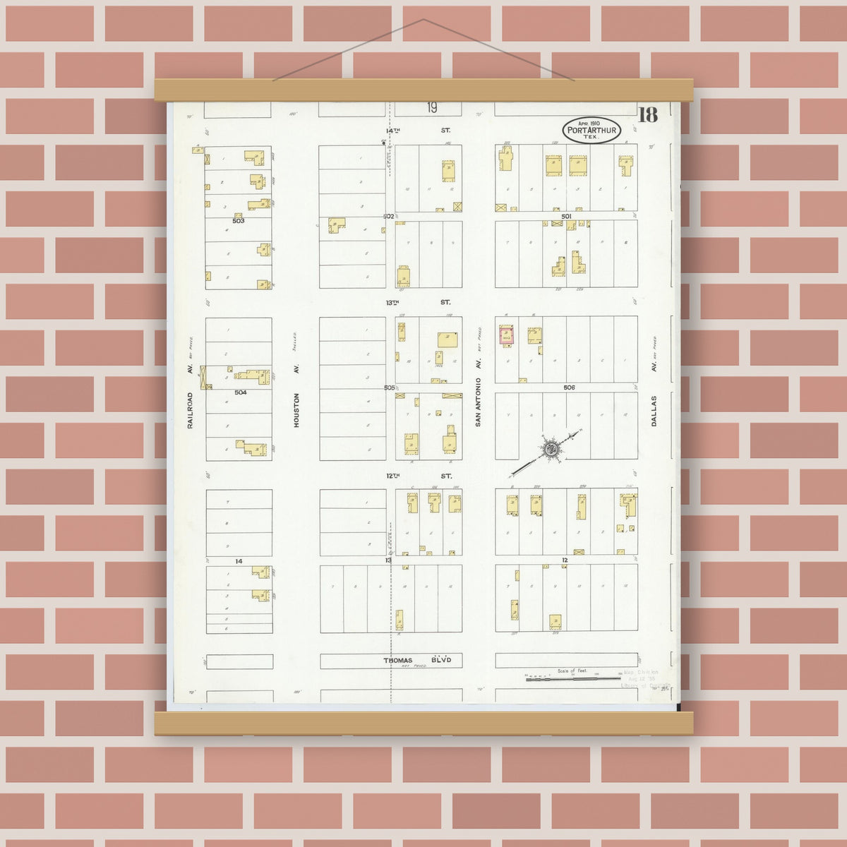 Old map wall art mockup — magnetic wood frame on brick wall — Sanborn Fire Insurance Map from Port Arthur, Jefferson County, Texas (1910), Sheet #0018