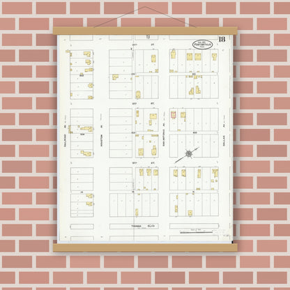 Old map wall art mockup — magnetic wood frame on brick wall — Sanborn Fire Insurance Map from Port Arthur, Jefferson County, Texas (1910), Sheet #0018