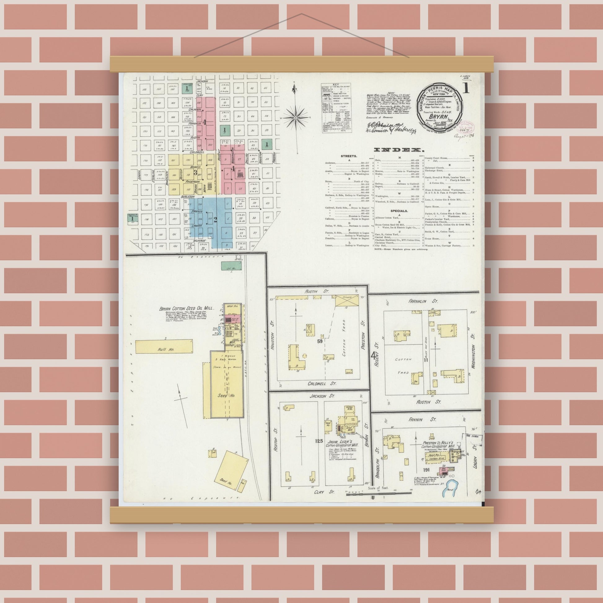 Old map wall art mockup — magnetic wood frame on brick wall — Sanborn Fire Insurance Map from Bryan, Brazos County, Texas (1896), Sheet #0001