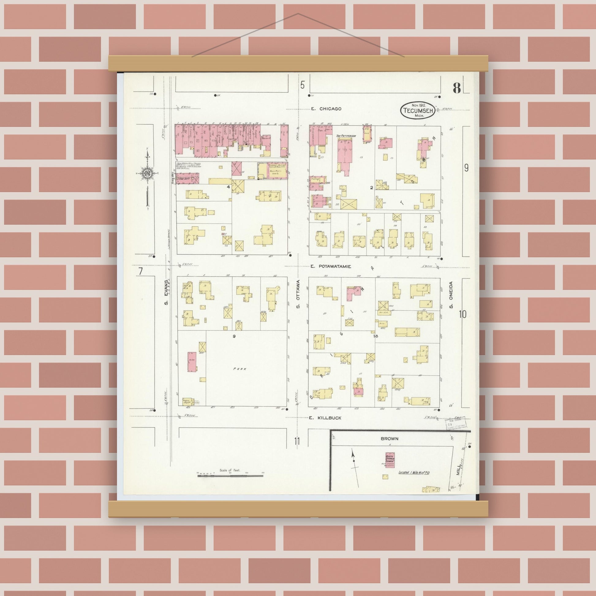 Old map wall art mockup — magnetic wood frame on brick wall — Sanborn Fire Insurance Map from Tecumseh, Lenawee County, Michigan (1912), Sheet #0008