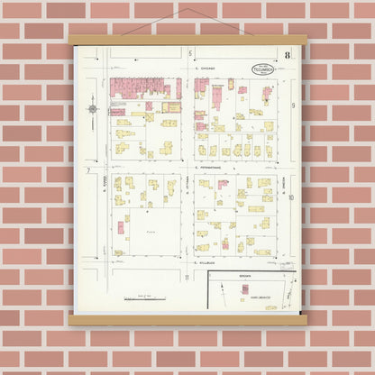 Old map wall art mockup — magnetic wood frame on brick wall — Sanborn Fire Insurance Map from Tecumseh, Lenawee County, Michigan (1912), Sheet #0008