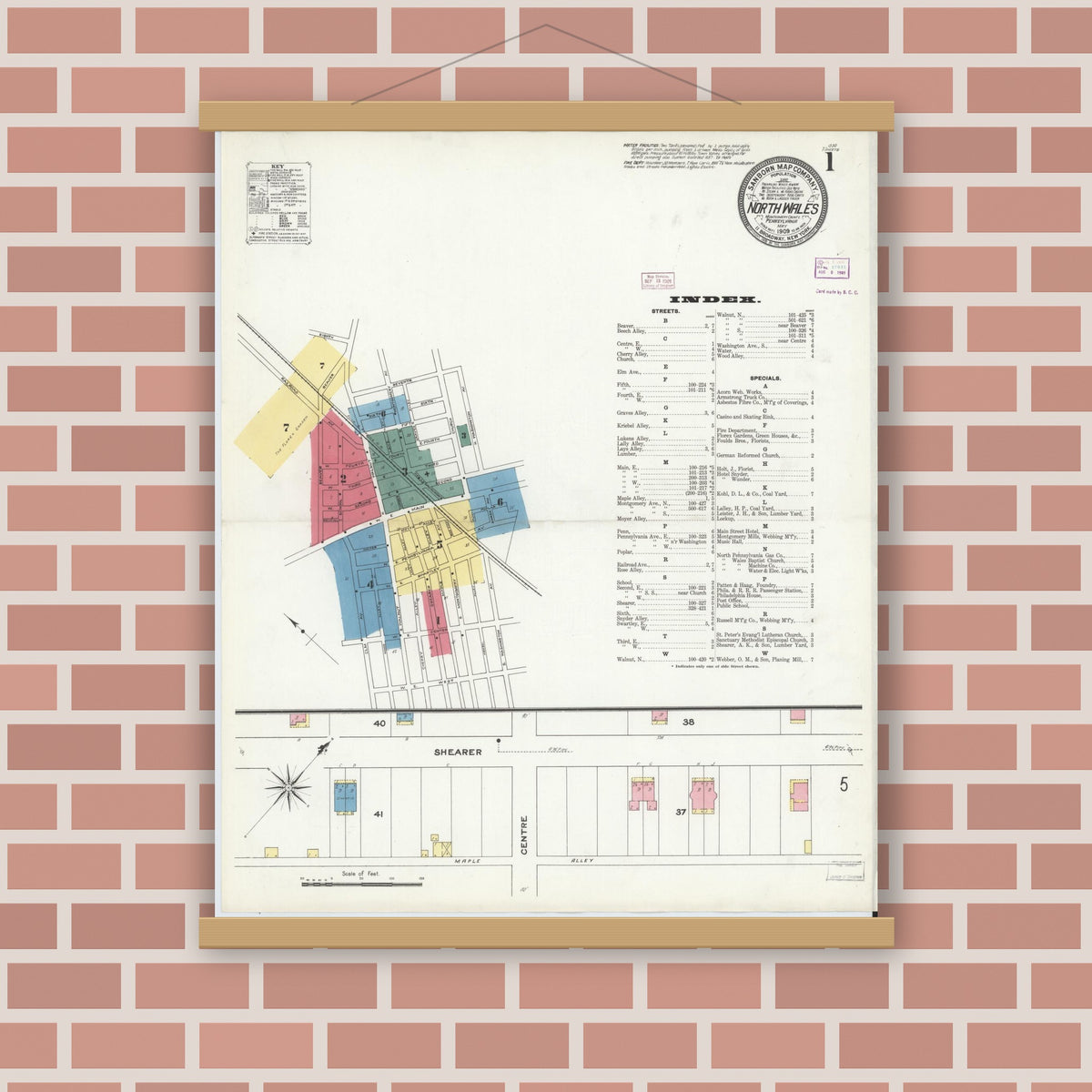 Old map wall art mockup — magnetic wood frame on brick wall — Sanborn Fire Insurance Map from North Wales, Montgomery County, Pennsylvania (1909) - Complete Map Set